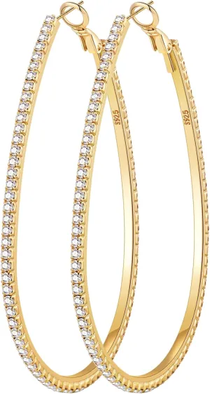 PRETOLE 925 Sterling Silver Hoop Earrings Rhinestone Large Silver Hoop Earrings Oval Big Hoops Earrings for Women Lightweight Hypoallergenic Extra Large Silver Hoops Earrings for Women (50/60/70MM)