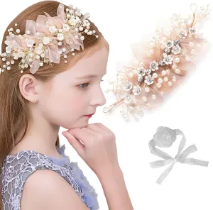 Princess Flower Pearl Lace Flower Girl Headpiece With Hand Wrist Flower Pearl Rhinestone Headpiece Alloy Floral Bridal Hair Accessories Crystal Flower Girl Hair for Headpiece Jewelry, Pink