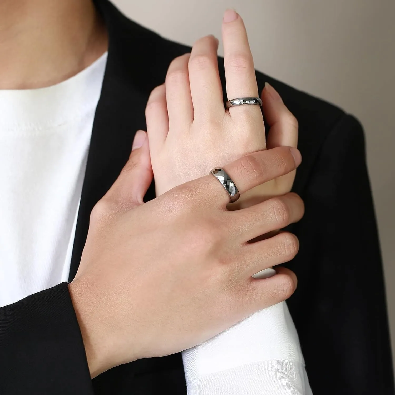 Promise Rings Couples, Rings for Men Tungsten Multi-Faceted Silver Ring 4mm 6mm Men's and Women's Fashion Rings