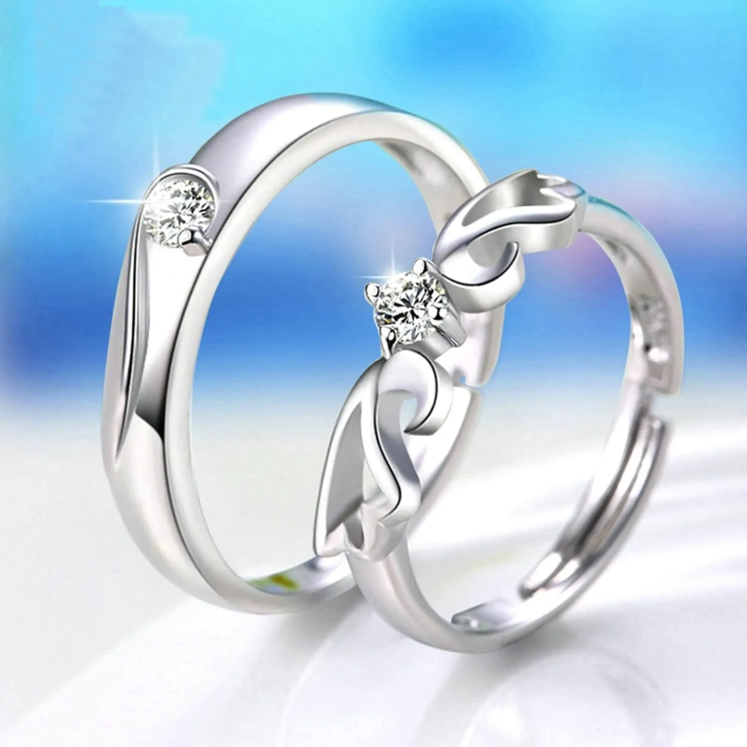 Promise Rings for Her N His, Silver Rings Customizable Couples Adjustable Angel Wing Ring with Cubic Zirconia
