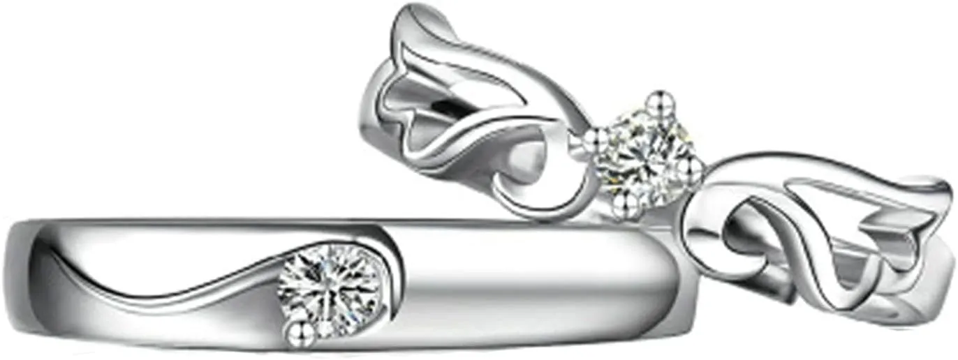 Promise Rings for Her N His, Silver Rings Customizable Couples Adjustable Angel Wing Ring with Cubic Zirconia