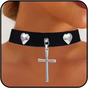 Punk Leather Choker Necklace for Women Cross Leather Necklaces Gothic PU Choker Collar for Rock Party
