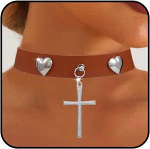 Punk Leather Choker Necklace for Women Cross Leather Necklaces Gothic PU Choker Collar for Rock Party