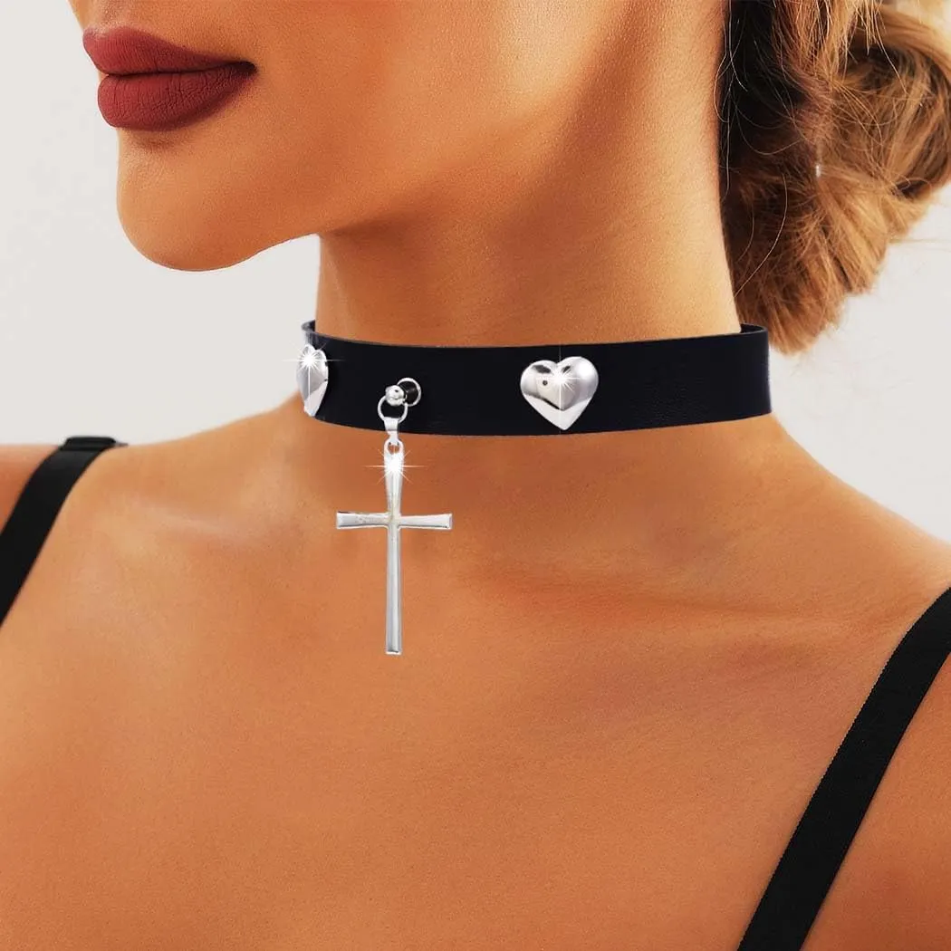 Punk Leather Choker Necklace for Women Cross Leather Necklaces Gothic PU Choker Collar for Rock Party