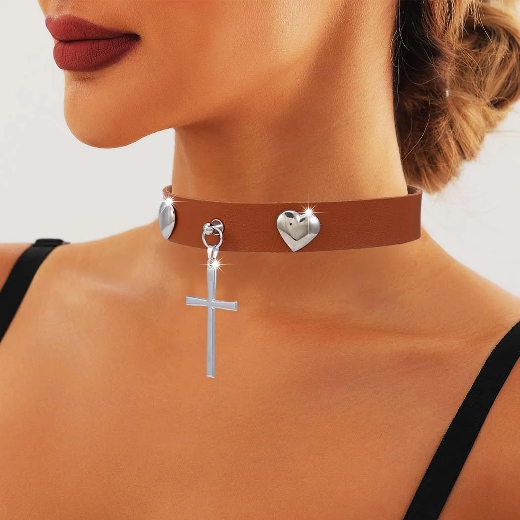 Punk Leather Choker Necklace for Women Cross Leather Necklaces Gothic PU Choker Collar for Rock Party