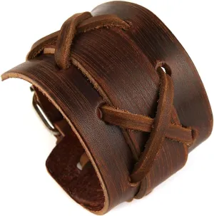 Punk Leather Cuff Bracelet, 2PCS Vintage Braided Leather Wristband for Men Women
