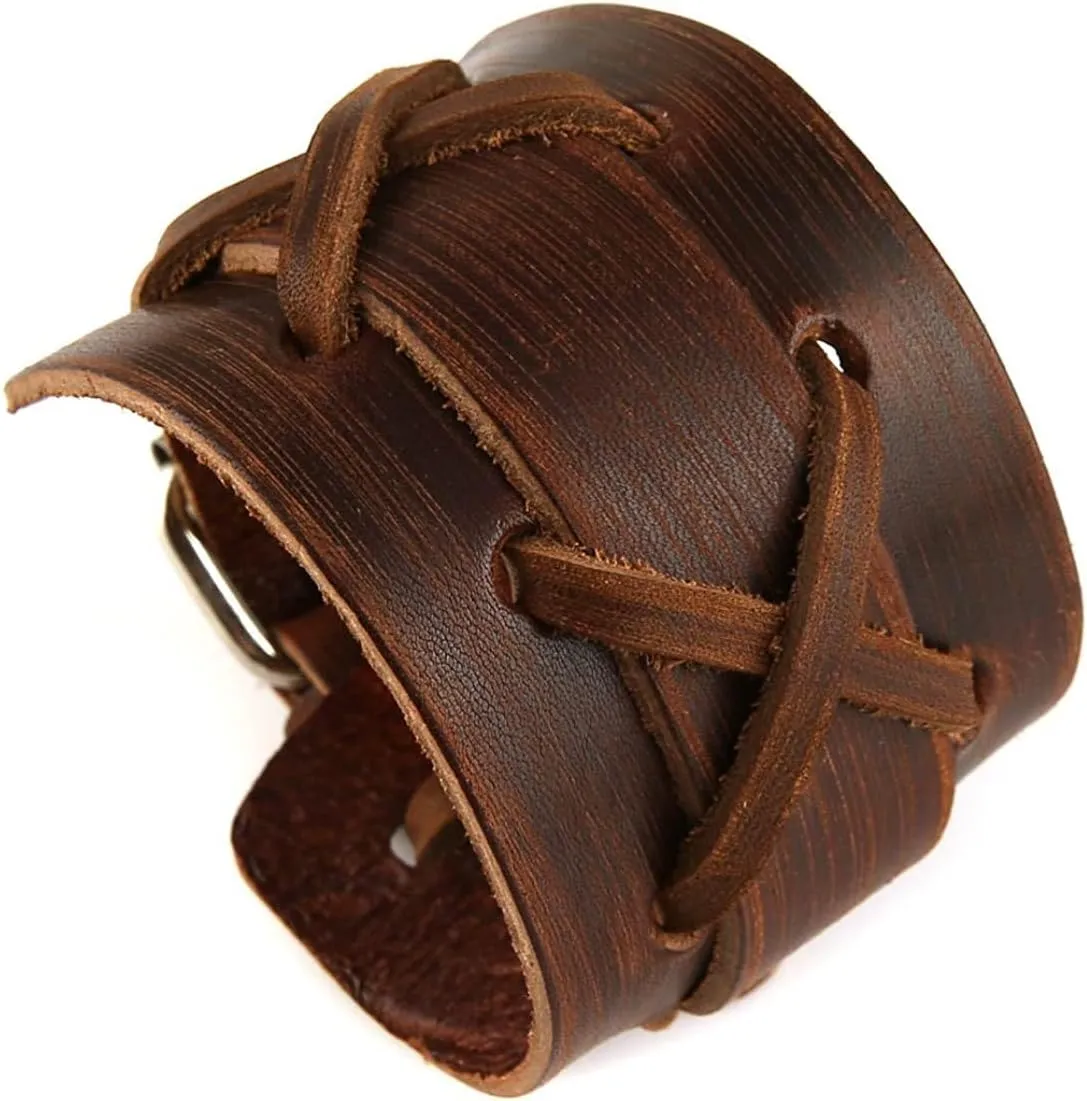 Punk Leather Cuff Bracelet, 2PCS Vintage Braided Leather Wristband for Men Women