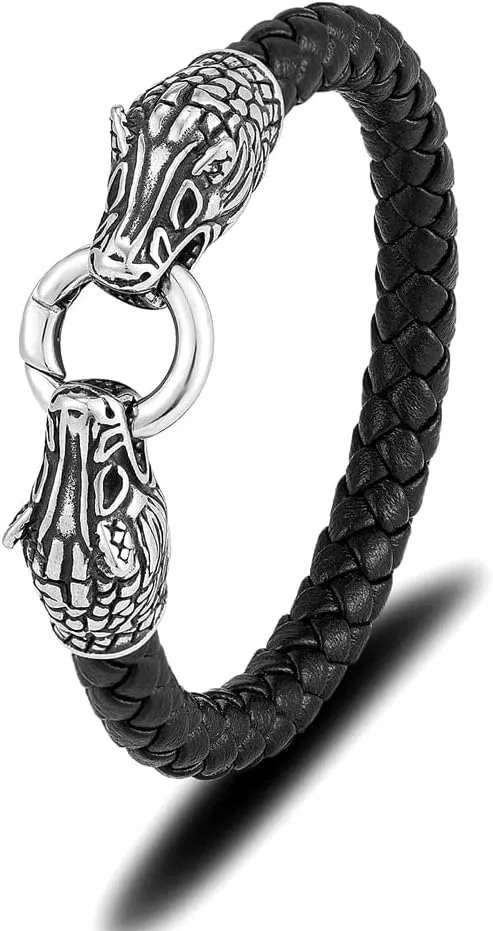 Punk Wolf Head Leather Bangles Men Stainless Steel Norse Amulet Braided Multi-layer Wrap Bracelets Handmade Viking Male Jewelry 398XK (21cm)