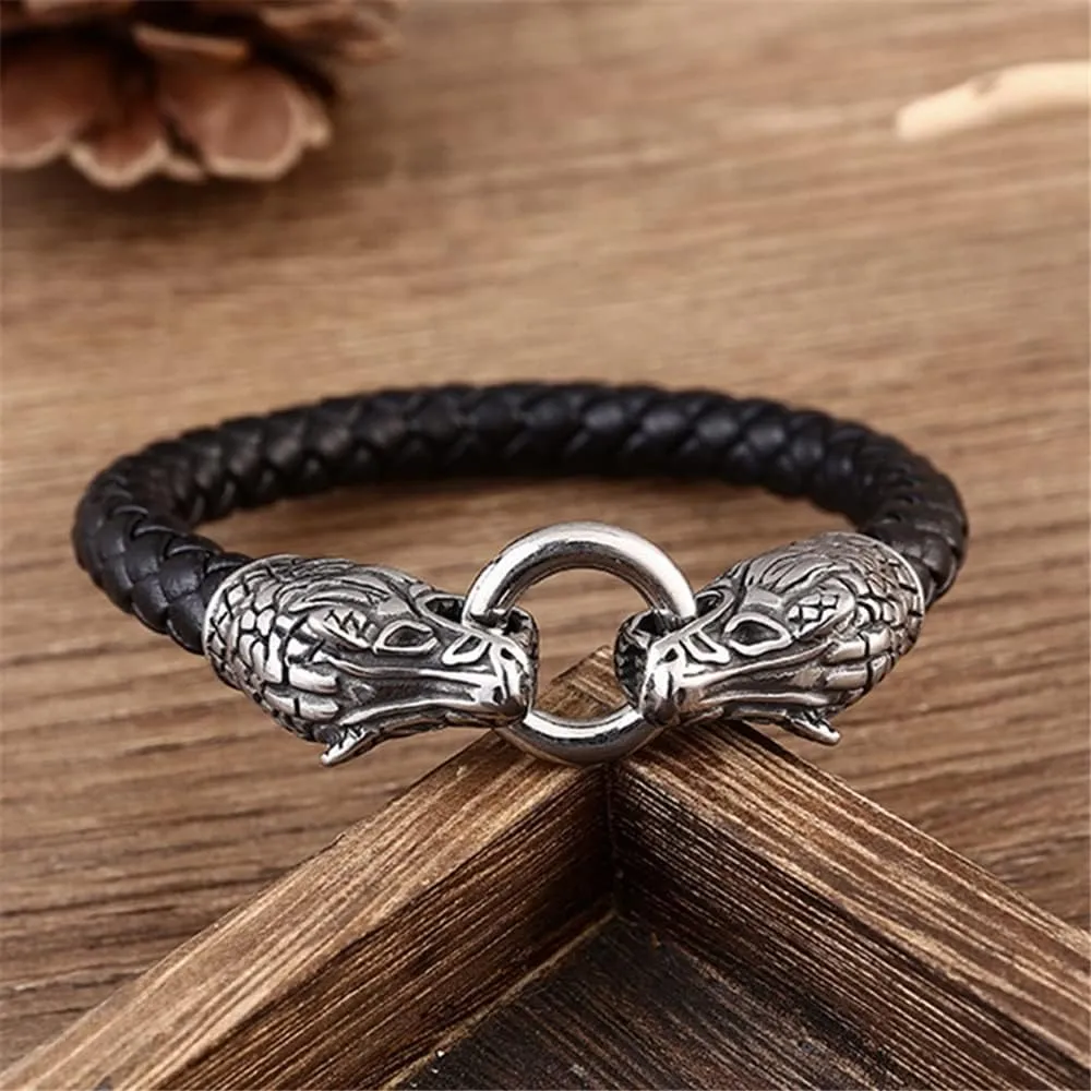 Punk Wolf Head Leather Bangles Men Stainless Steel Norse Amulet Braided Multi-layer Wrap Bracelets Handmade Viking Male Jewelry 398XK (21cm)
