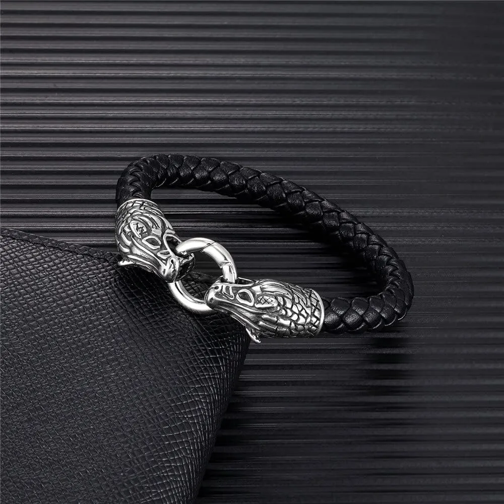 Punk Wolf Head Leather Bangles Men Stainless Steel Norse Amulet Braided Multi-layer Wrap Bracelets Handmade Viking Male Jewelry 398XK (21cm)