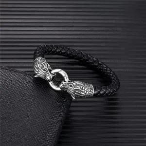 Punk Wolf Head Leather Bangles Men Stainless Steel Norse Amulet Braided Multi-layer Wrap Bracelets Handmade Viking Male Jewelry 398XK (21cm)