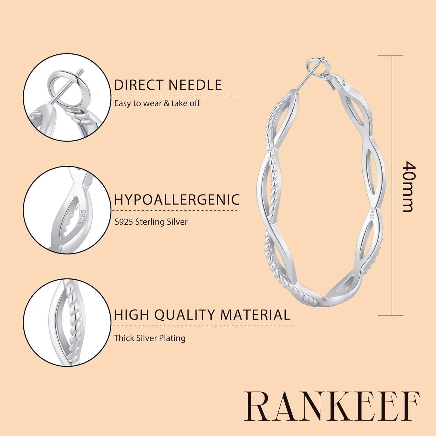 RANKEEF Gold Hoop Earrings for Women Hypoallergenic Lightweight Twisted Hoop Earrings 14K Real Gold Plated Earrings 30/40/50/60MM