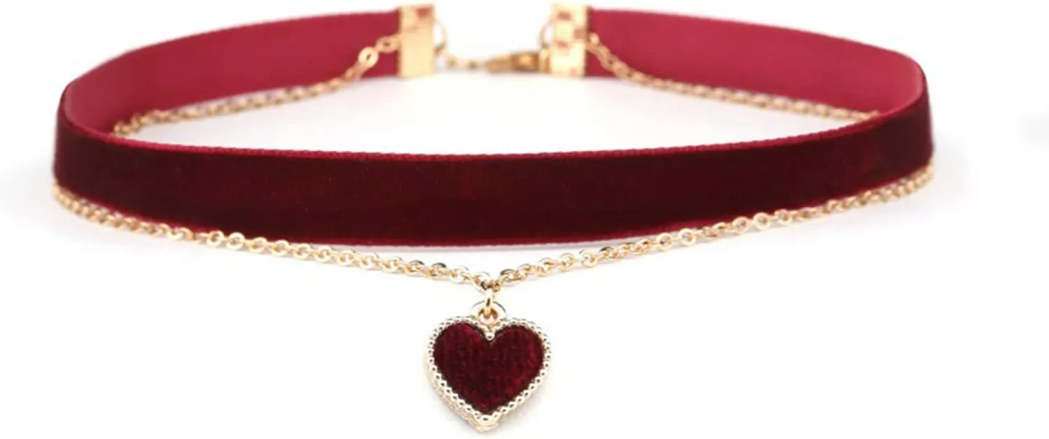Red Choker Necklace for Women Love Heart Adjustable Choker Gothic Collar Velvet Chocker Pendant Necklaces