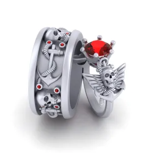 Red CZ Nautical Anchor Angel Wings Gothic Skull Wedding Ring Set Matching Couple Set His and Hers Skull Ring 925 Sterling Silver