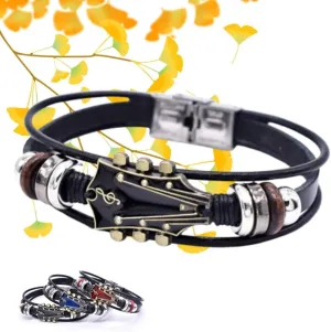 Retro Faux Leather Guitar Bracelet, Punk Braided Leather Guitar Bracelets, Mens Womens Leather Bracelet Handmade Braided Multi-Layer Wrap Bracelets