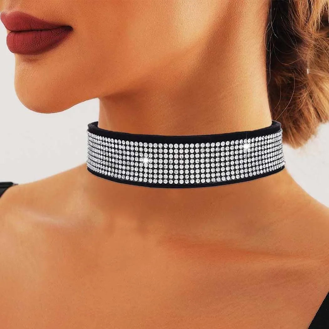 Rhinestone Choker Necklace Gothic Choker Collar Adjustable Velvet Choker Halloween Nighclub Rave Party Sparkle Crytal Necklaces for Women