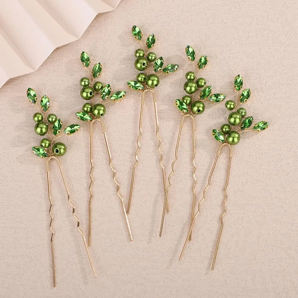 Rhinestones Beads Hair Pins Set for Wedding Brides Bridesmaid Handmade Bobby Pins (Green)