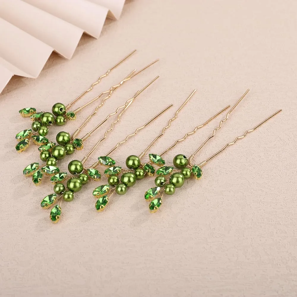 Rhinestones Beads Hair Pins Set for Wedding Brides Bridesmaid Handmade Bobby Pins (Green)