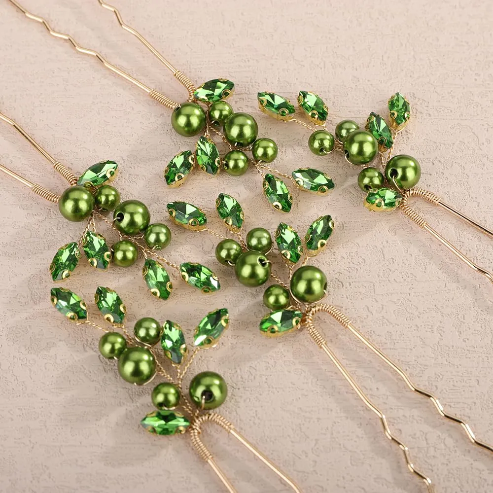 Rhinestones Beads Hair Pins Set for Wedding Brides Bridesmaid Handmade Bobby Pins (Green)