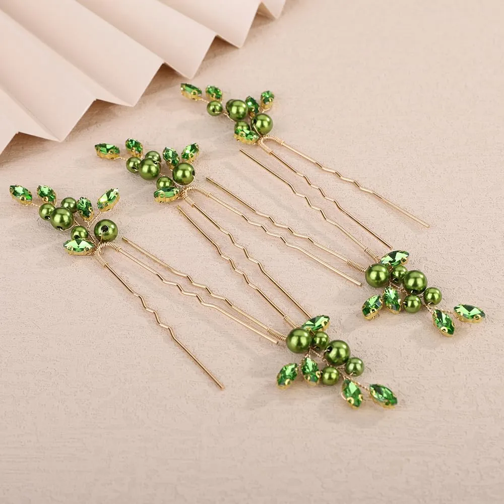 Rhinestones Beads Hair Pins Set for Wedding Brides Bridesmaid Handmade Bobby Pins (Green)