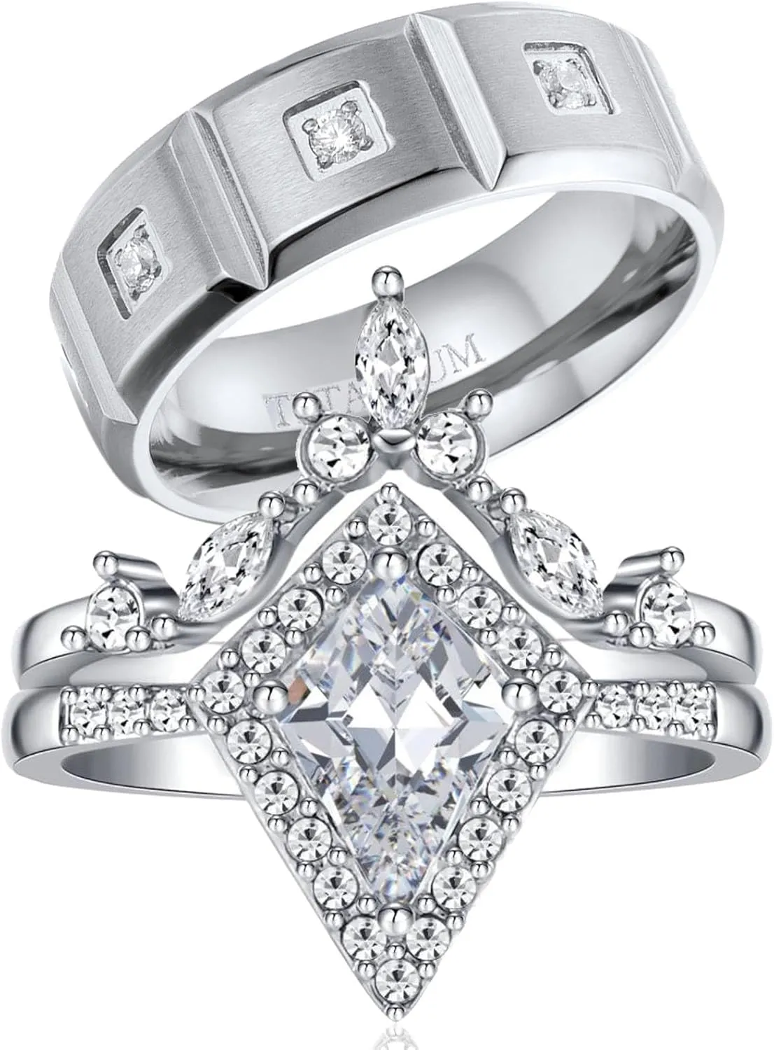 ringheart Couple Rings Matching Rings White Gold Plated 1.5CT AAA CZ 2pcs Women Wedding Ring Sets for Him and Her Rings Men Band