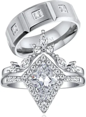 ringheart Couple Rings Matching Rings White Gold Plated 1.5CT AAA CZ 2pcs Women Wedding Ring Sets for Him and Her Rings Men Band
