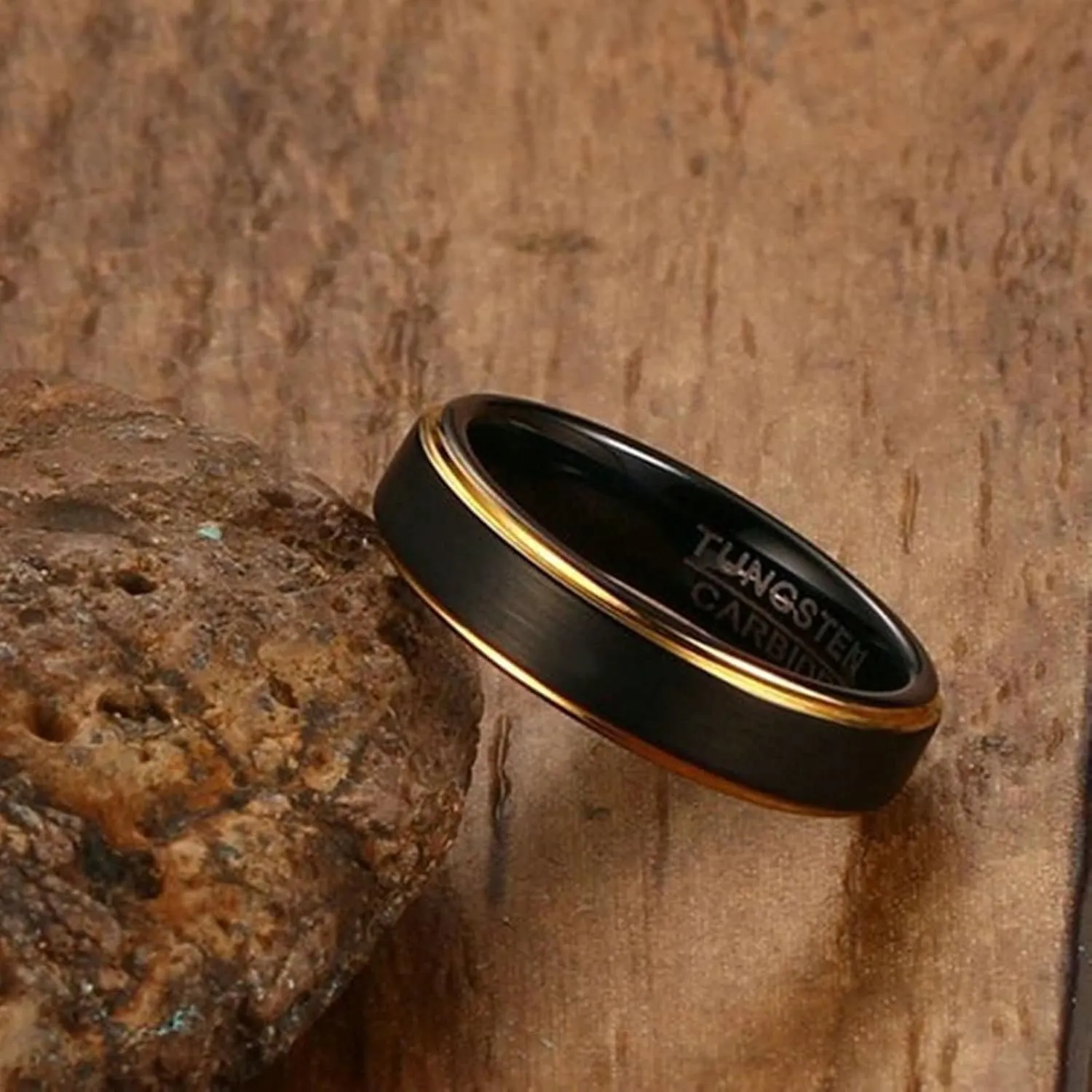 Rings for Couples, Mens Rings Tungsten Black 5mm Brushed Ring with Gold Edge Valentine's Day Couple Rings