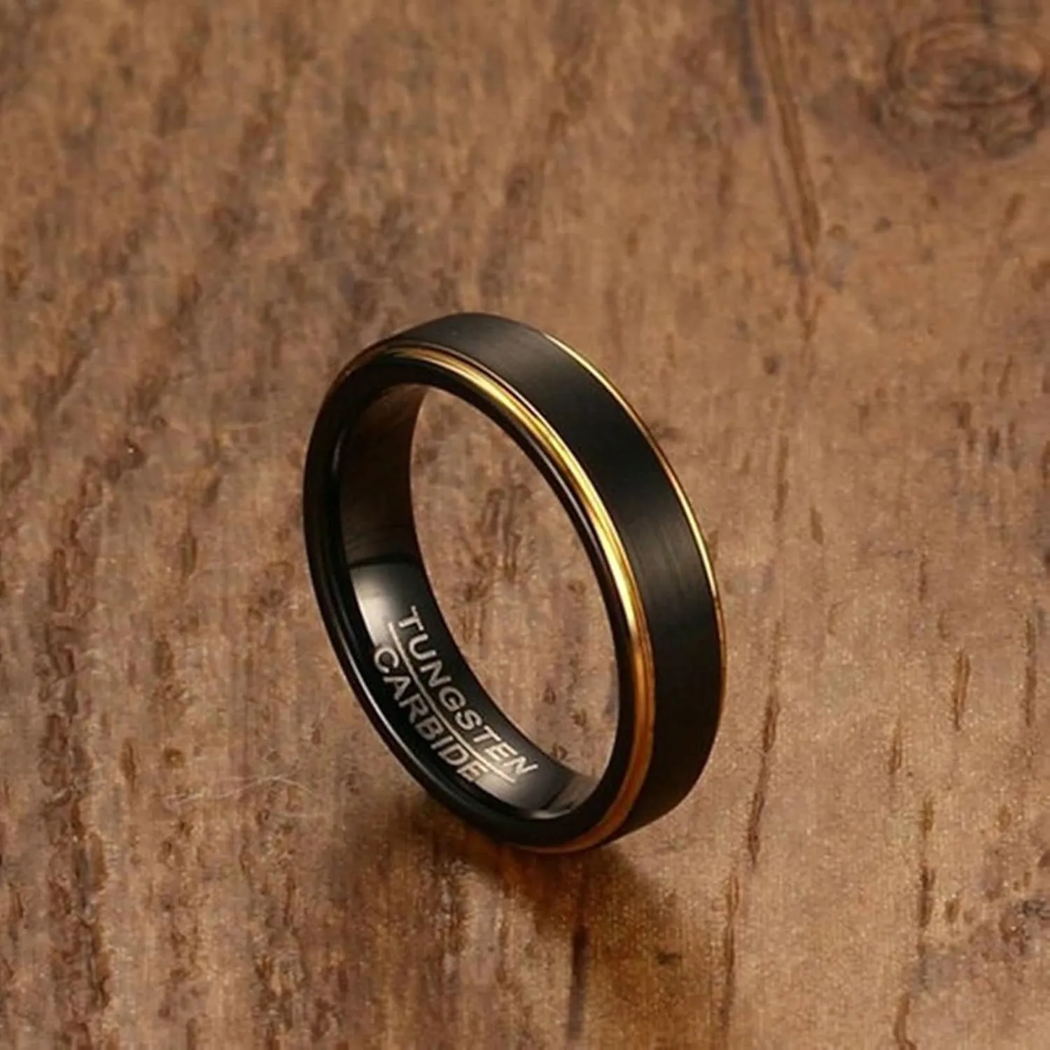 Rings for Couples, Mens Rings Tungsten Black 5mm Brushed Ring with Gold Edge Valentine's Day Couple Rings