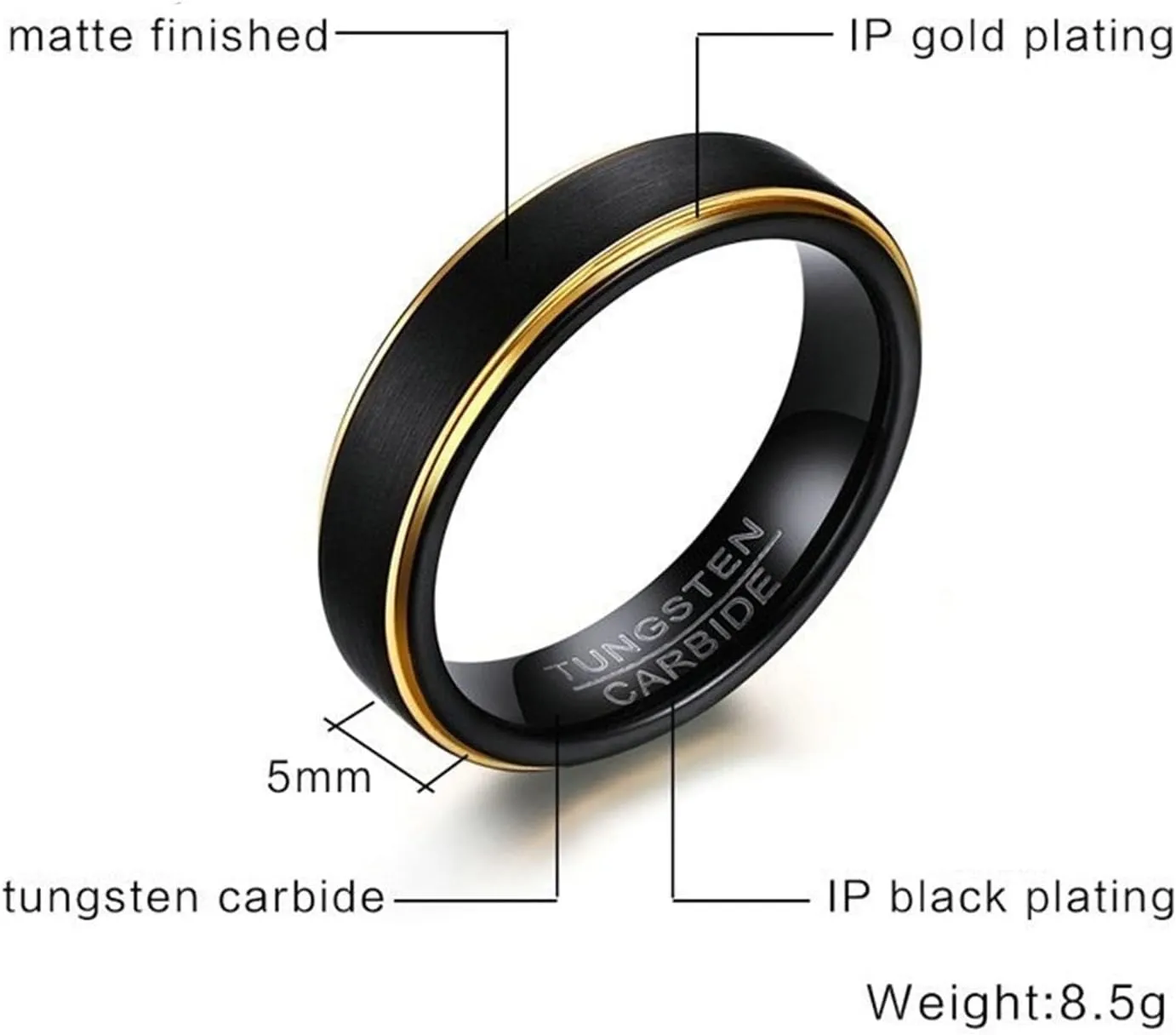 Rings for Couples, Mens Rings Tungsten Black 5mm Brushed Ring with Gold Edge Valentine's Day Couple Rings