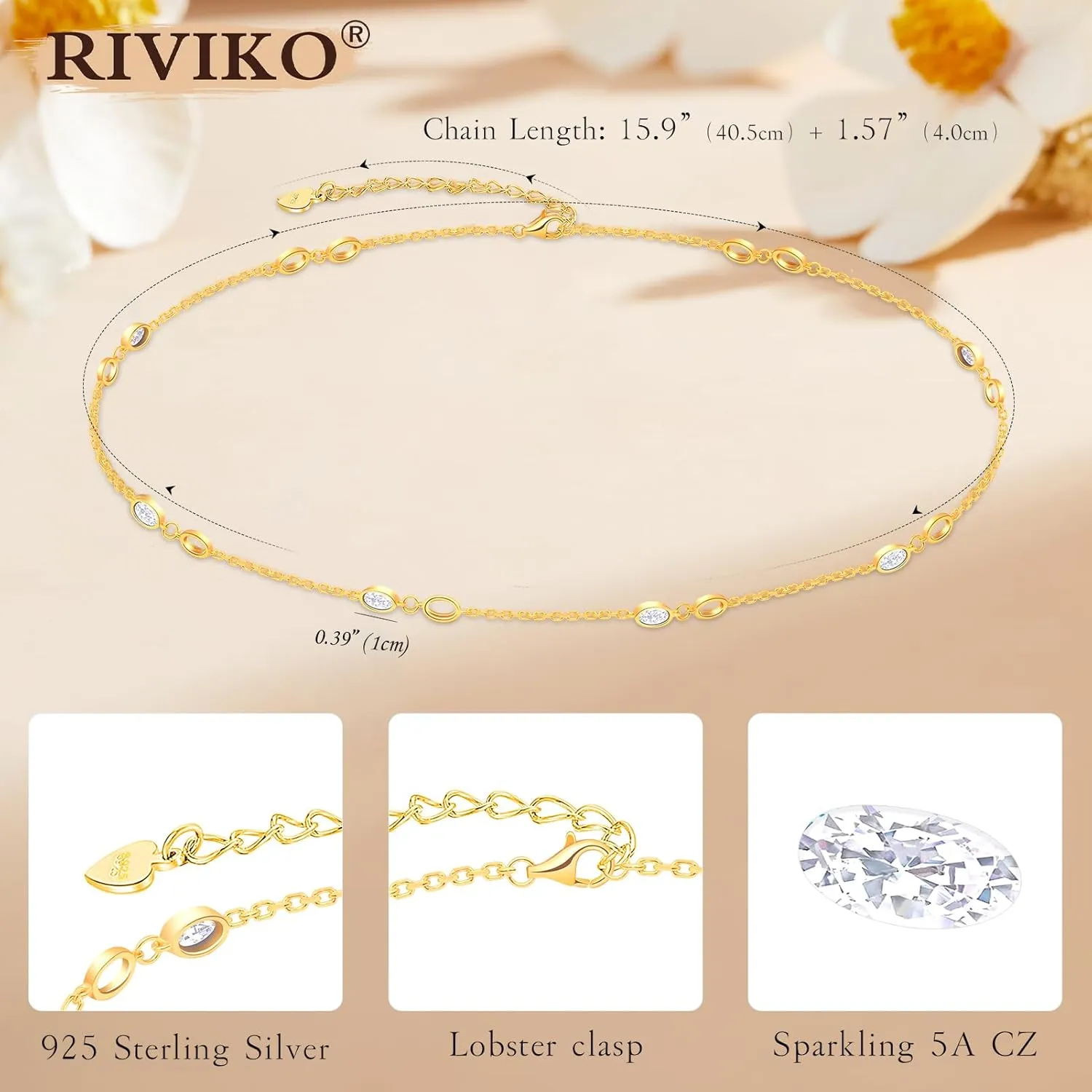 RIVIKO Birthstone Necklace,925 Sterling Silver Gold Plated Dainty Women Choker,Adjustable Birthstone Pendant Anniversary Jewelry Valentines Day Birthday Gifts For Women Mom Wife Lady
