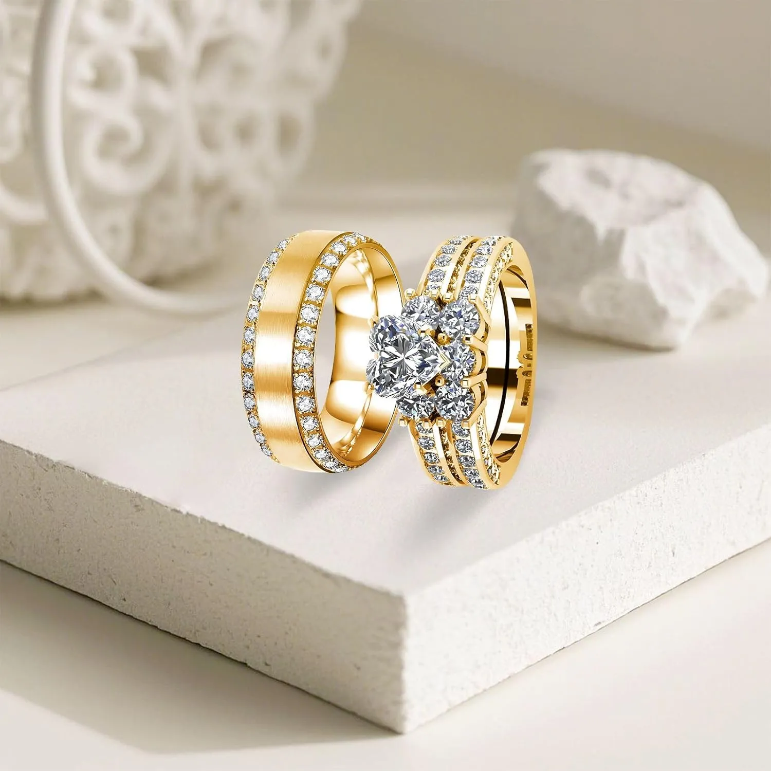 s925 10K 14K 18K Gold Couple Rings Sets, 3pcs Moissanite Couple Wedding Rings Sets for Men and Women, Customized Couples Matching Wedding Bands Set Free Engraving