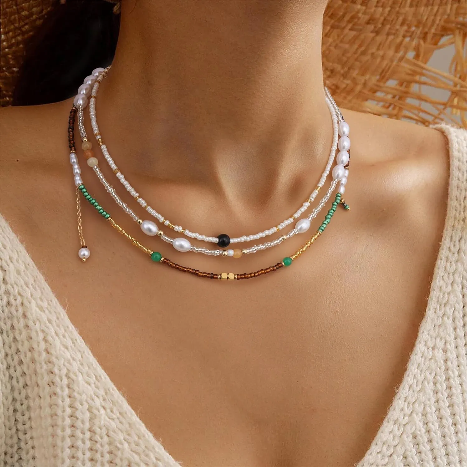 Sanfenly Colorful Beaded Necklace, 18k Gold Plated Boho Layered Pearl Bead Necklace Handmade Beach Summer Surfer Women's Choker Necklaces Shell Flower Heart Trendy Cute Long Necklaces For Women Jewelry Gift