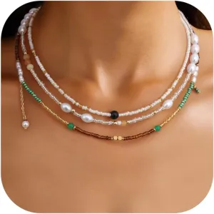 Sanfenly Colorful Beaded Necklace, 18k Gold Plated Boho Layered Pearl Bead Necklace Handmade Beach Summer Surfer Women's Choker Necklaces Shell Flower Heart Trendy Cute Long Necklaces For Women Jewelry Gift