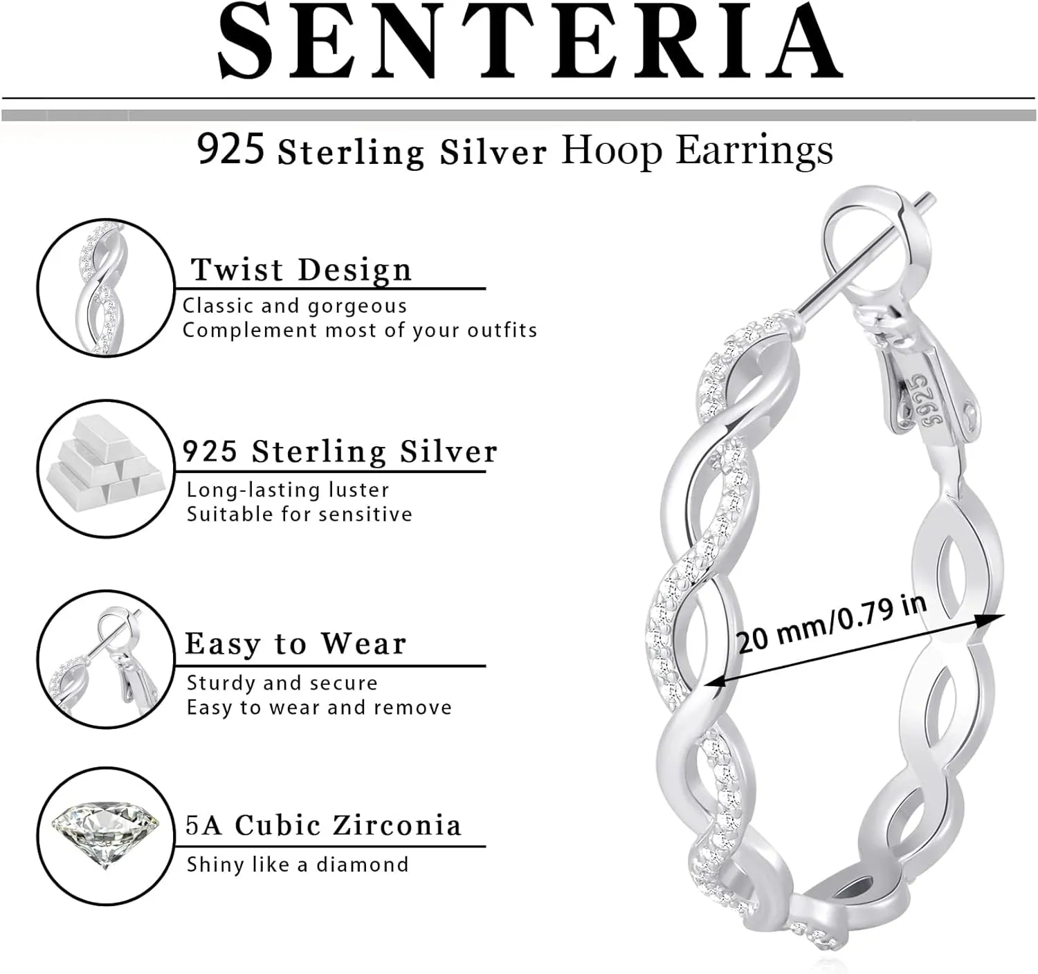 Senteria 925 Sterling Silver Earrings Hoops for Women Lightweight Twisted Hoop Earrings With Cubic Zirconia Hypoallergenic Hoops Earrings (20/30/40/50/60MM)