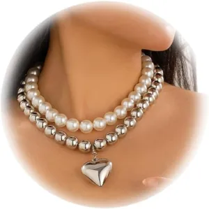 Sexy Bikini Beaded Choker Necklaces Summer Beach Pearl Clavicle Chain Necklace Multi-layered Heart Pendant Body Jewelry Festival Rave Pearl Collar Body Chain Necklace for Women
