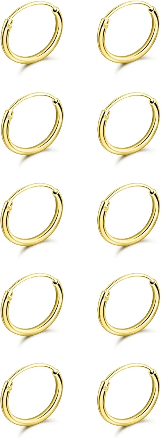 Silver Hoop Earrings - Cartilage Earring for Women Men - Sterling Silver Hoops - Gold Hoops - Rose Gold Hoops -10mm Tiny Small Endless Hoop Earrings, Set of 2-5 Pairs