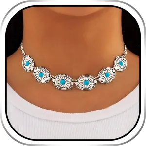 Sixexey Western Turquoise Choker for Women Gothic Silver Necklaces Cowgirl Neck Jewelry for Women