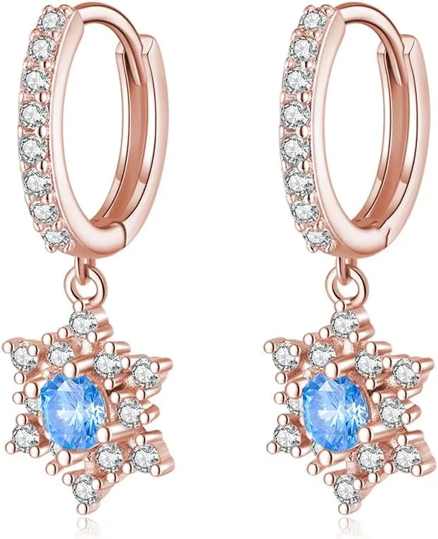 SLUYNZ Solid 925 Sterling Silver Sparkling Blue Crystal Snowflake Hoop Earrings for Women Teens CZ Snowflake Hoop Earrings Drop Christmas Gifts