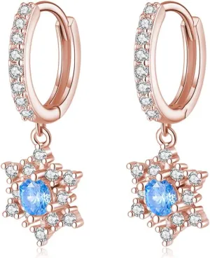 SLUYNZ Solid 925 Sterling Silver Sparkling Blue Crystal Snowflake Hoop Earrings for Women Teens CZ Snowflake Hoop Earrings Drop Christmas Gifts