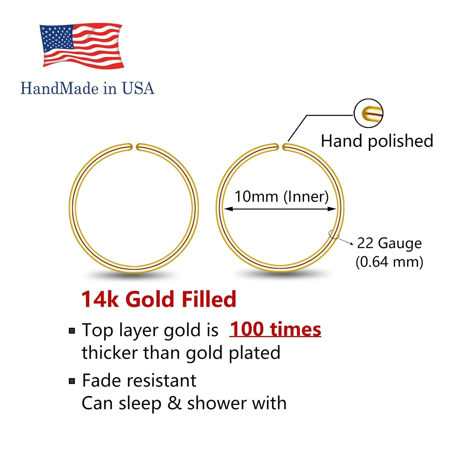 Small Gold Sterling Silver Huggie Hoop Earrings for Women Cartilage Nose Helix Tragus (Gold, 10mm 22 gauge / 1 pair)