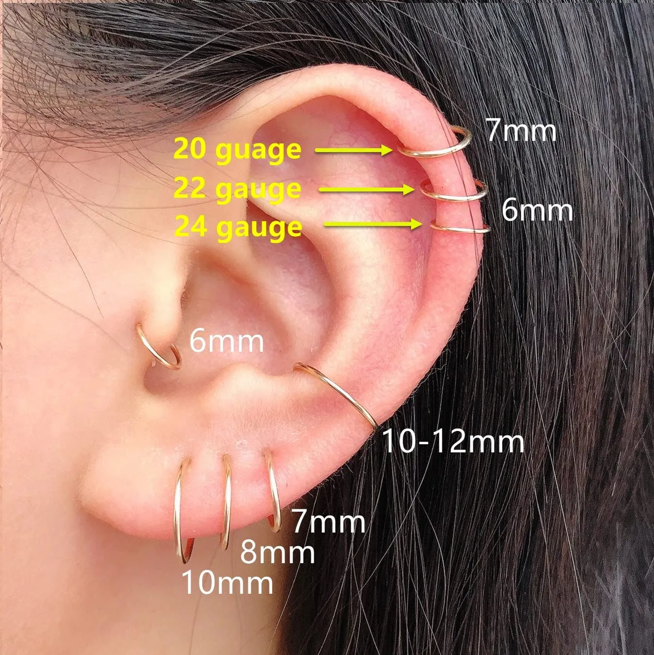 Small Gold Sterling Silver Huggie Hoop Earrings for Women Cartilage Nose Helix Tragus (Gold, 10mm 22 gauge / 1 pair)