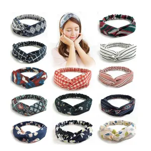 Snadulor 10 Pcs Vintage Floral Headband Turban Headwrap Knotted Soft Elastic Twisted Headband Cross Knot Hair Bands