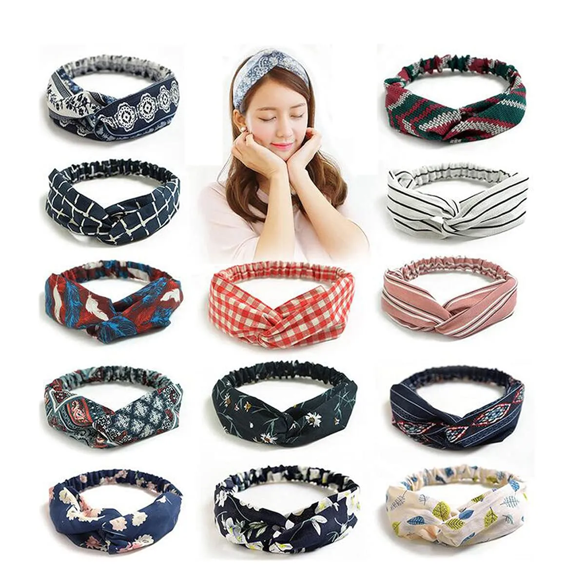 Snadulor 10 Pcs Vintage Floral Headband Turban Headwrap Knotted Soft Elastic Twisted Headband Cross Knot Hair Bands