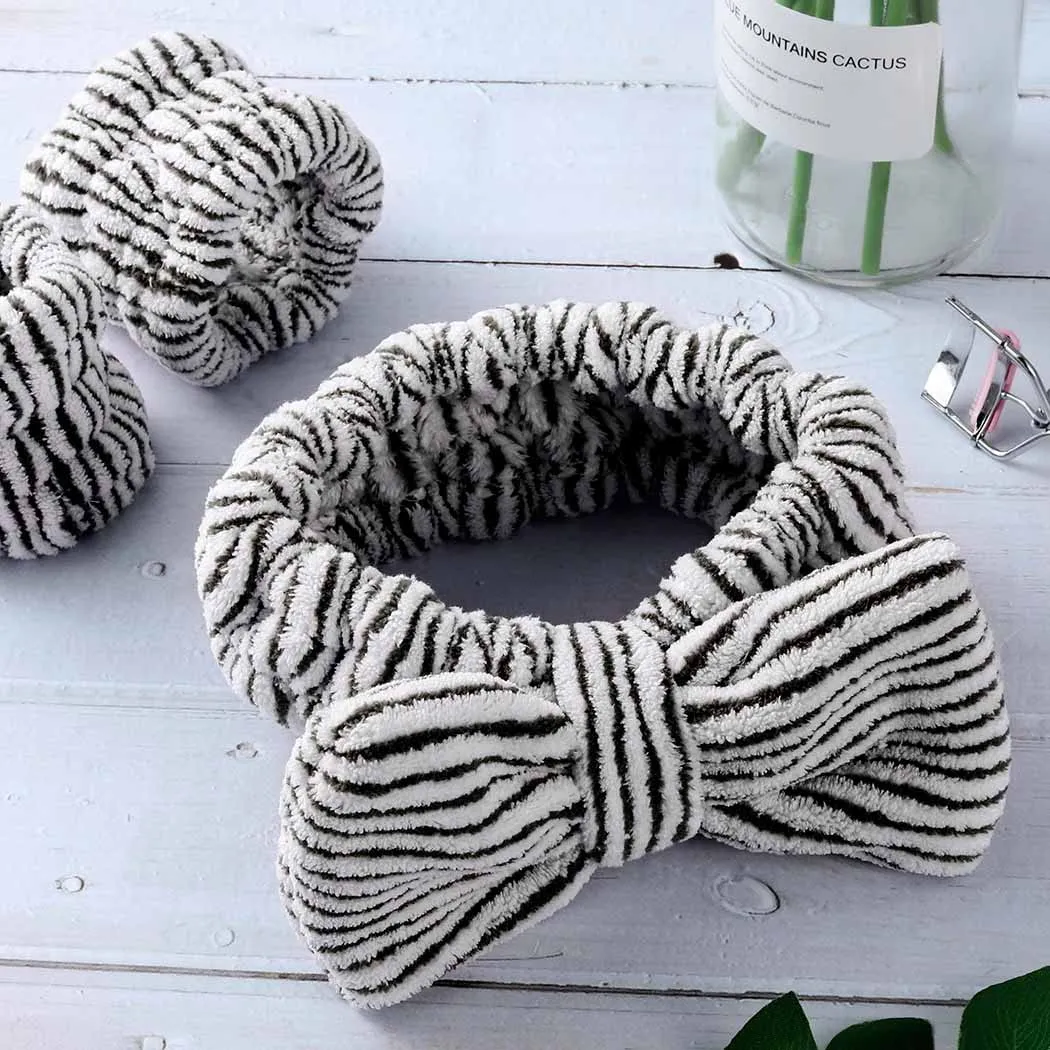 Spa Headbands with Matching Wristbands Bow Hairbands Towel Wristbands Stripe Makeup Hair Band Microfiber Wrist Scrunchies Bowknot Head Bands for Washing Face Shower Mask Facial Makeup