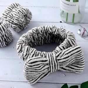Spa Headbands with Matching Wristbands Bow Hairbands Towel Wristbands Stripe Makeup Hair Band Microfiber Wrist Scrunchies Bowknot Head Bands for Washing Face Shower Mask Facial Makeup