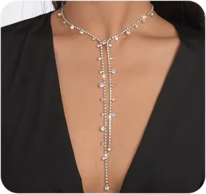 Sparkly Body Chain Necklace for Women,Long Gold Rhinestone Choker Necklaces Charm Wedding Statement Lariat Necklace,Bling Body Jewerly Accessories