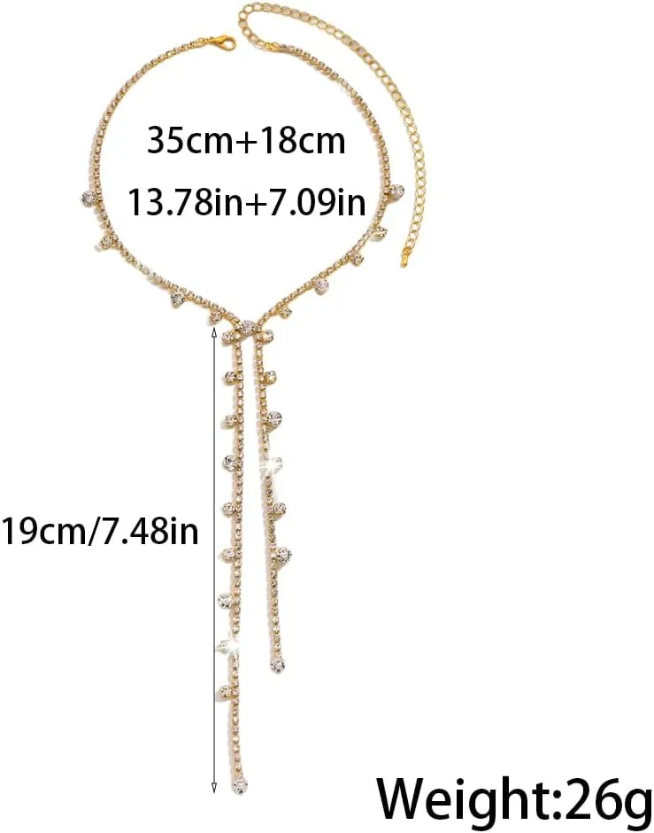 Sparkly Body Chain Necklace for Women,Long Gold Rhinestone Choker Necklaces Charm Wedding Statement Lariat Necklace,Bling Body Jewerly Accessories