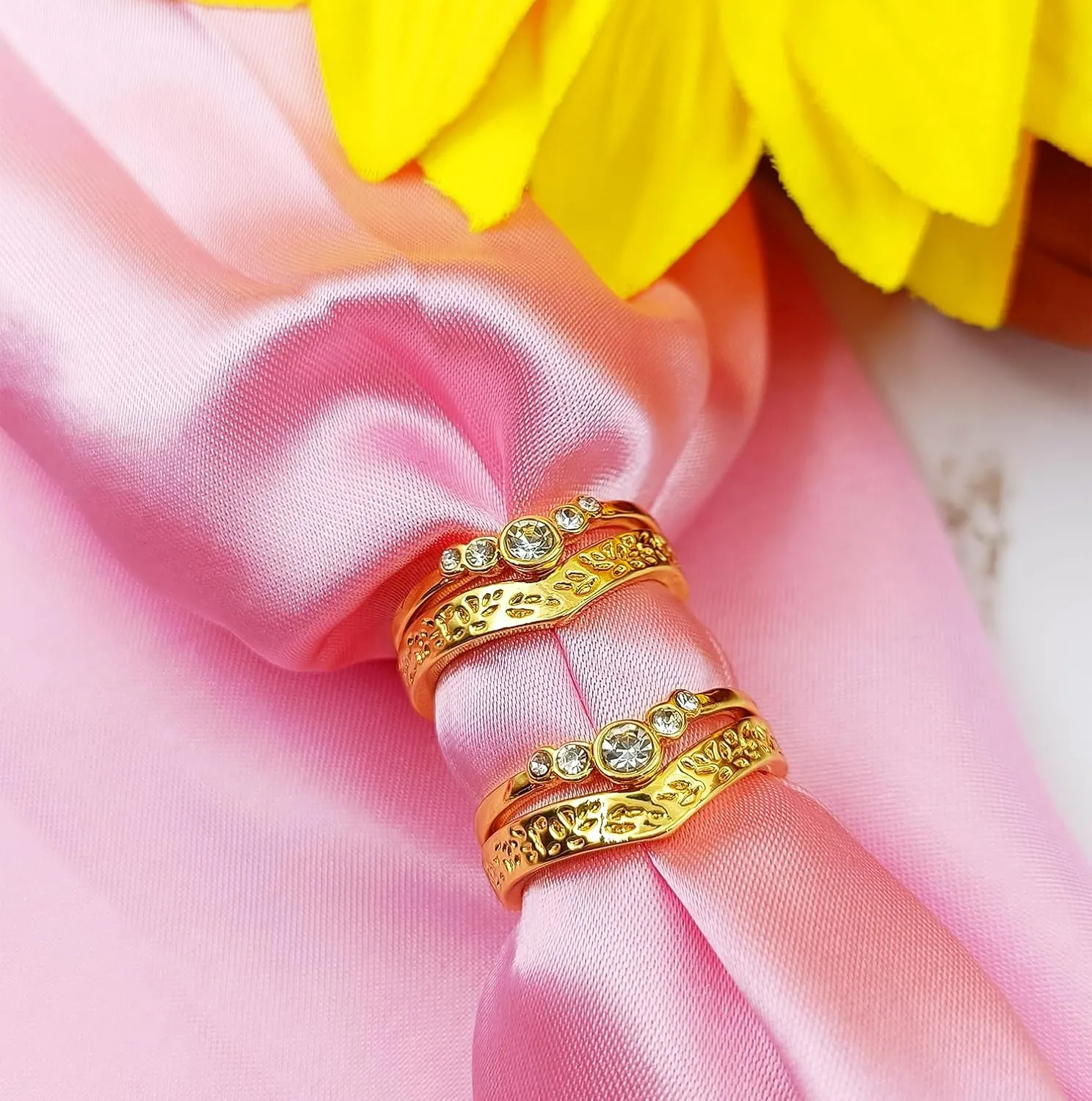 Stackable Gold Rings for Women Set Dainty Trendy Gold Plated Non Tarnish Statement V-Shaped Flower Ring Stacking Cubic Zirconia Fashion Ring Jewelry Size 6 7 8 9 10 11