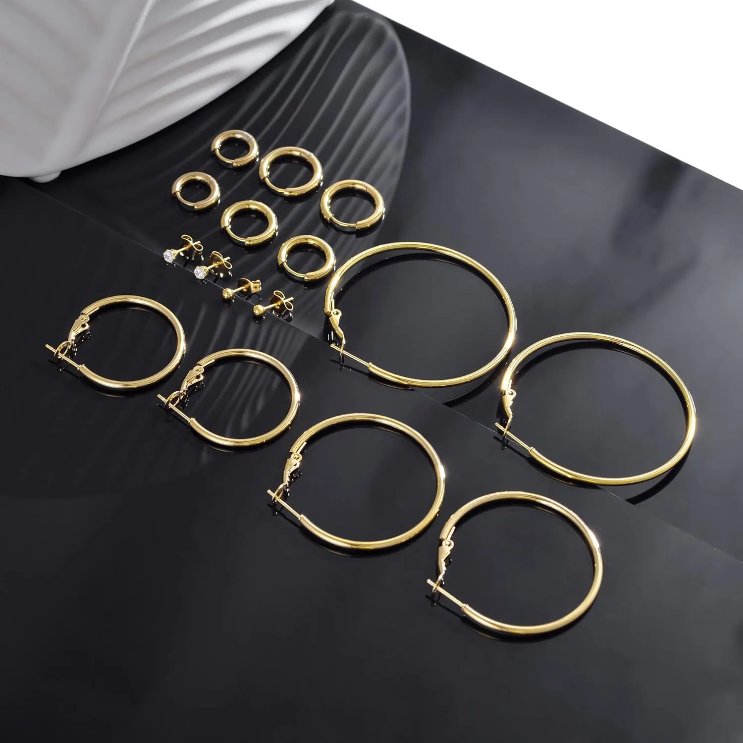 Stainless Steel Gold/Silver Plated Hoop Earrings for Women, Hypoallergenic 14k Gold Hoops Huggie Earrings Lightweight Cartilage Small CZ Ball Flatback Studs Earring Pack for Multiple Piercing