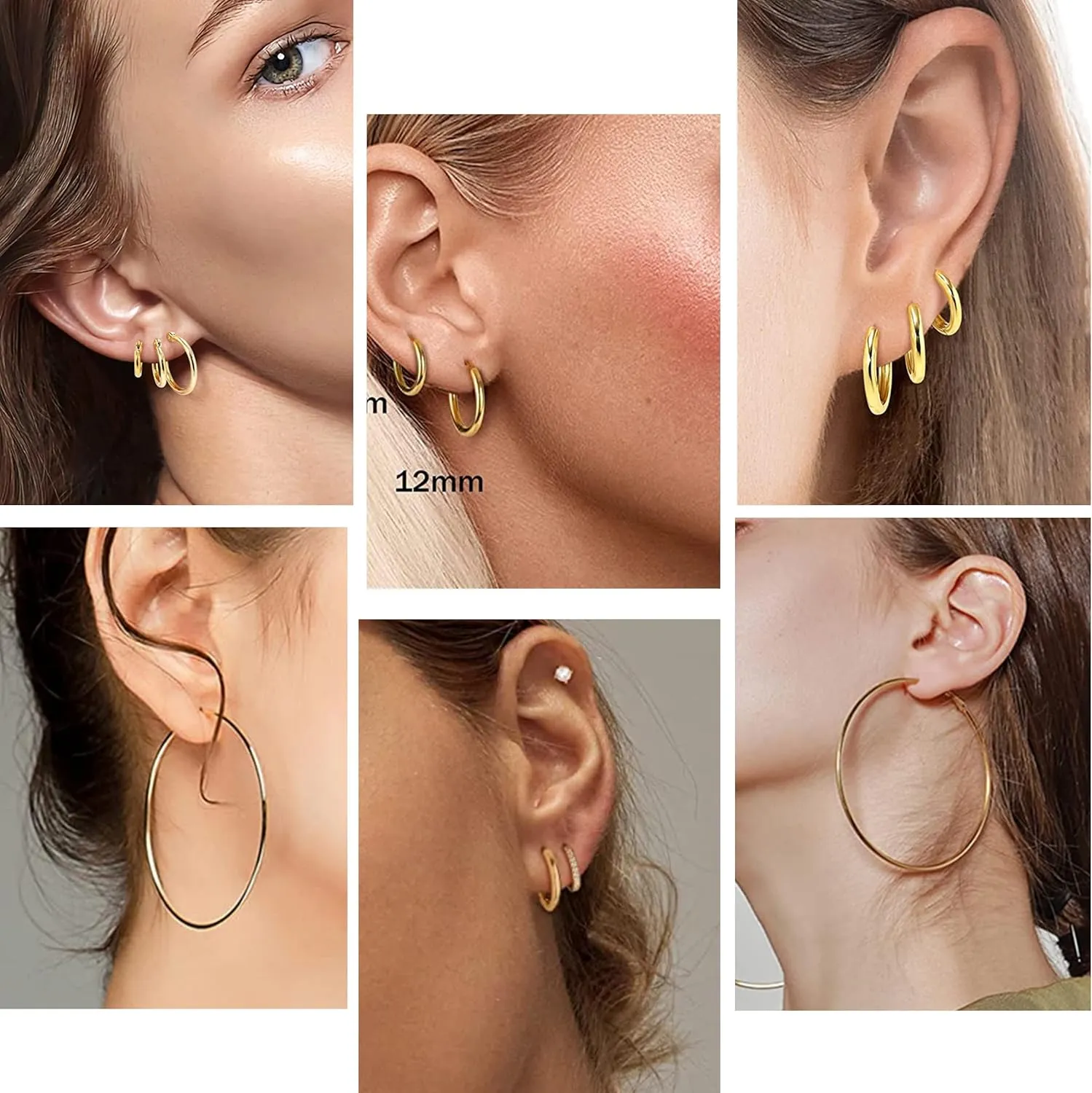 Stainless Steel Gold/Silver Plated Hoop Earrings for Women, Hypoallergenic 14k Gold Hoops Huggie Earrings Lightweight Cartilage Small CZ Ball Flatback Studs Earring Pack for Multiple Piercing